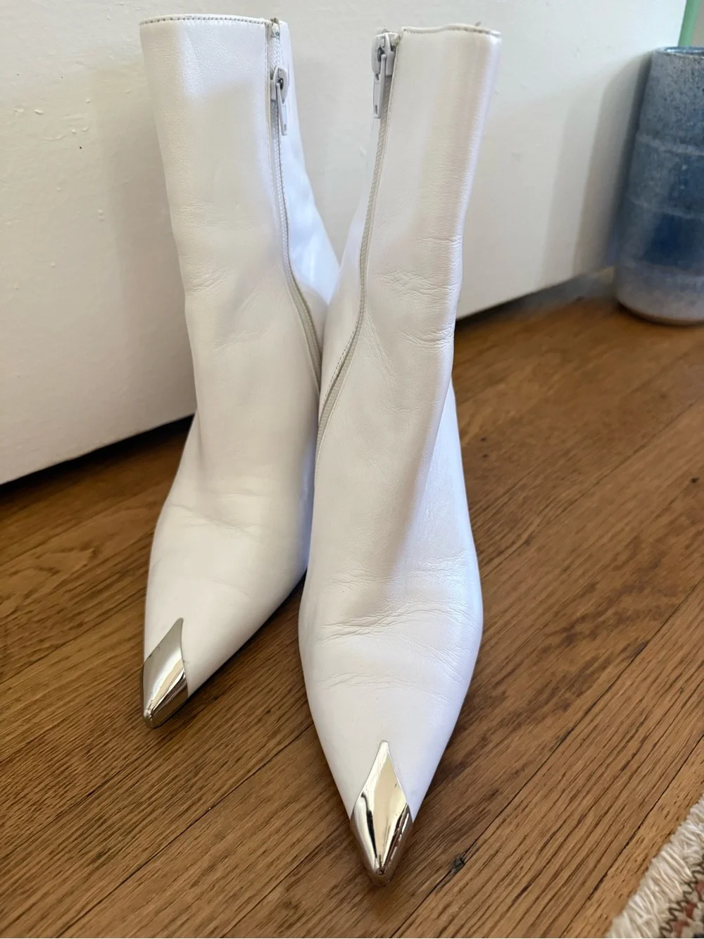 Jeffrey Campbell White Leather Pointed Ankle Boots with Metal Toe